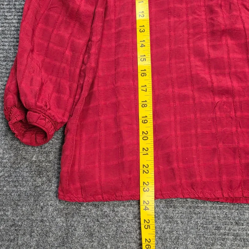 LOFT Grid Textured Split Neck Blouse Top Women's Size M‎ Red Cotton 3/4 Sleeve